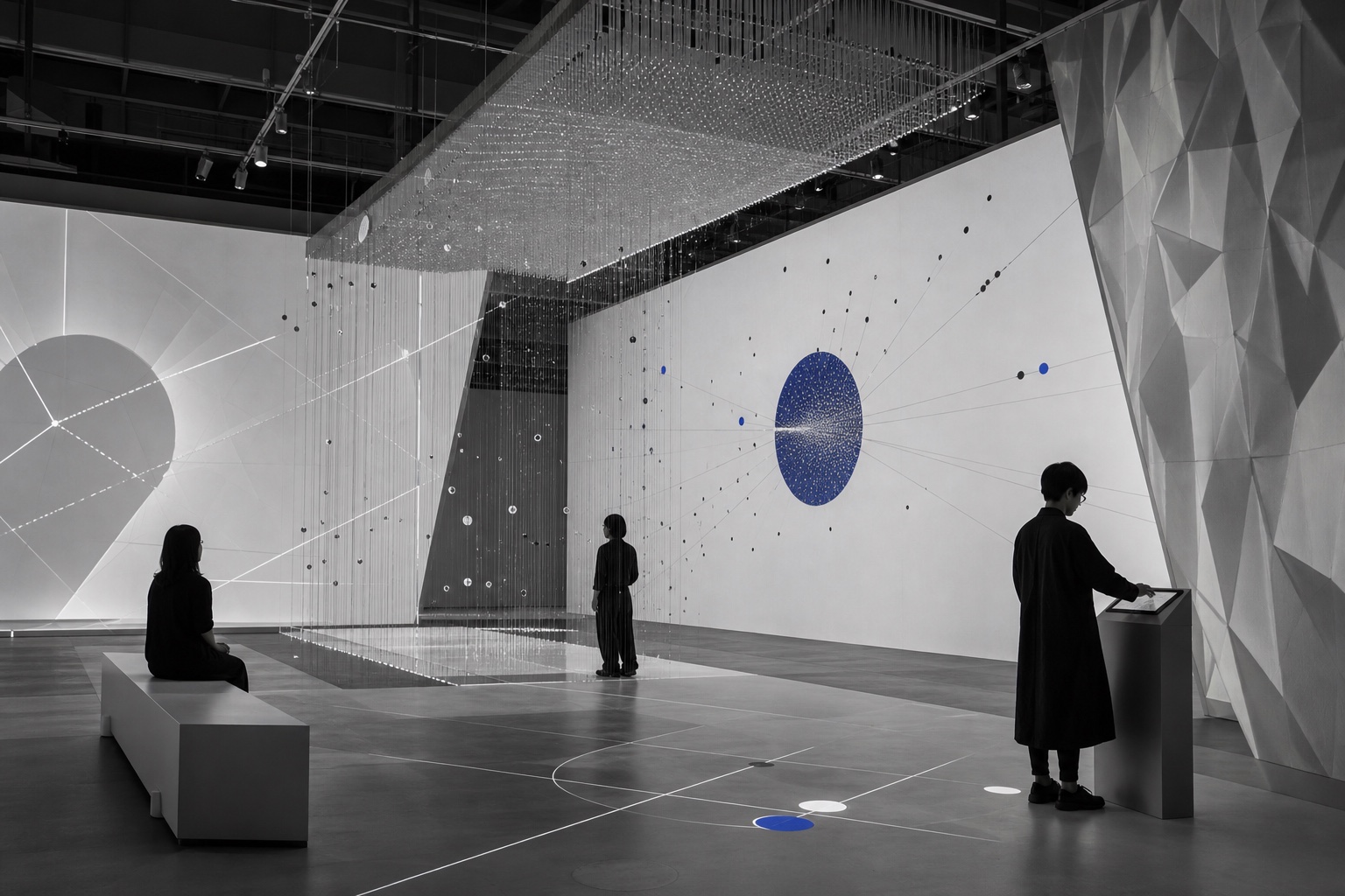 Immersive media installation connecting visitors, light, space, and interactive technology.