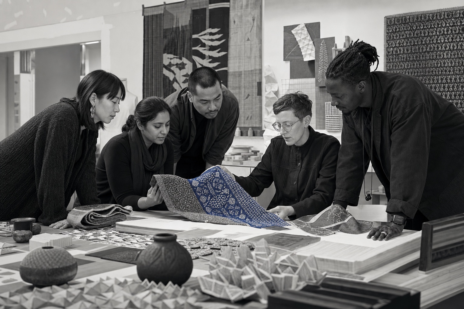 International group examining cultural objects, graphic systems, textiles, and shared design references.