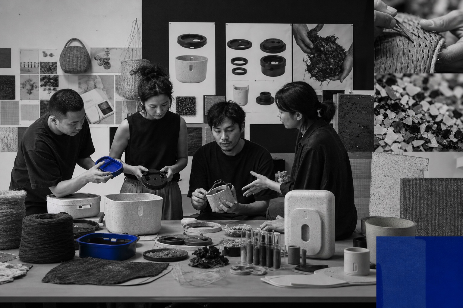 Collaborative material study combining craft samples, circular systems, and ecological design research.